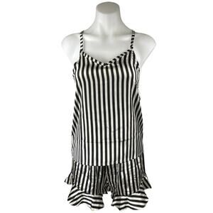 NEW Bella Black White Silk Satin Stripe Sleeveless Tank Shorts Pajama 2 Pc Set M